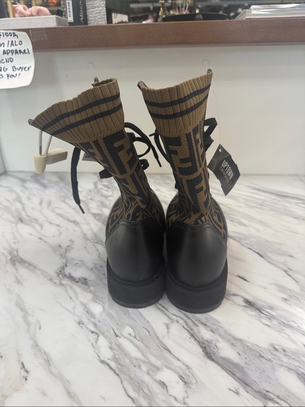 Fendi Black Leather Combat Boots with Brown FF Knit Cuff - Picture 4 of 6